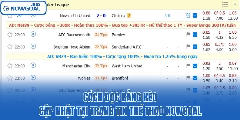 Cách đọc bảng kèo cập nhật tại trang tin thể thao Nowgoal
